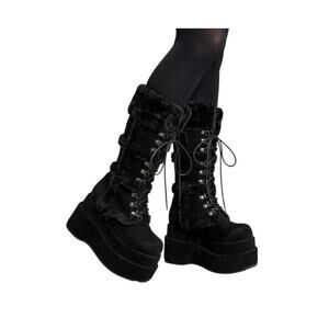 Demonia BEAR-202 Black Platform Faux Fur Cyber Goth Boots Size 6